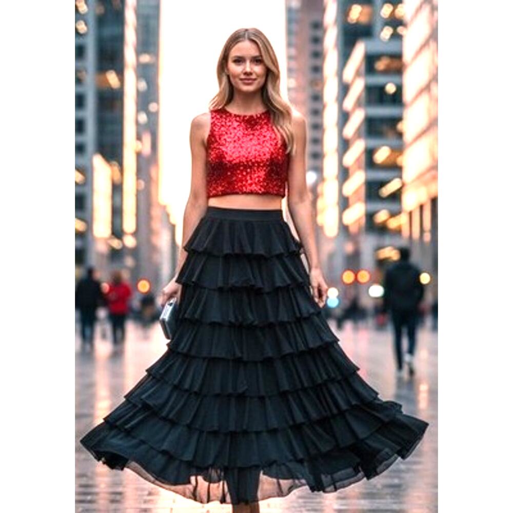 Norma Kamali Black Heavily Tiered Ruffle Mesh Maxi Skirt Dramatic Whimsygoth Med